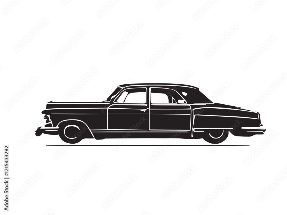 Naklejka premium Vintage classic car silhouette. Vintage car silhouette isolated on white background. Vintage hand drawn logo design illustration of a Classic old car. 