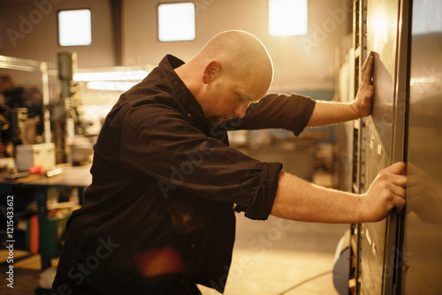 Stressed factory worker leaning against equipment in workshop photo