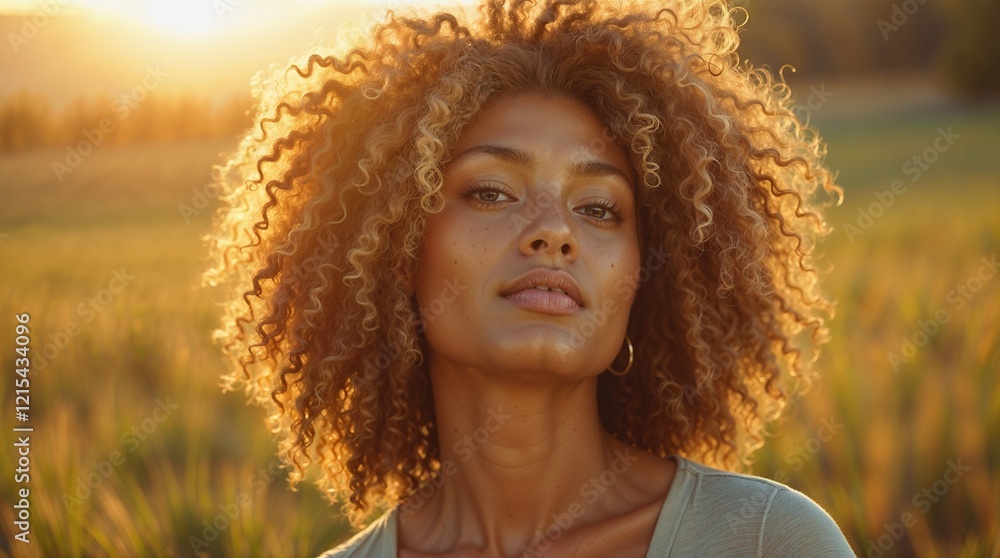 Serene Woman with Radiant Skin and Natural Curly Hair in Gentle Sunlight Serene Woman with Radiant Skin and Natural Curly Hair in Gentle Sunlight