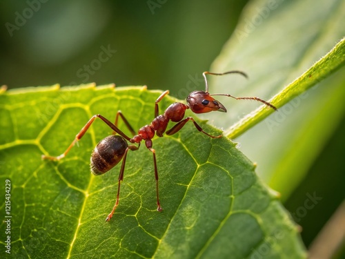 Red Ant on Green Leaf - Long Exposure Macro Photography Stock Photo photo