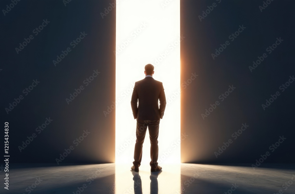 Obraz premium Bright Future in Business Concept. Rear view of a businessman facing large gap obstacle for light door