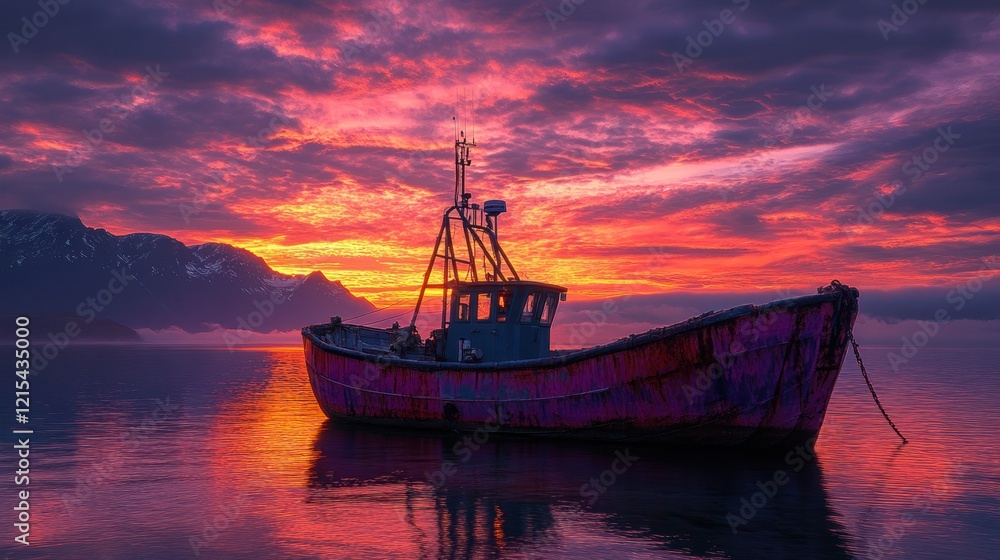 Fiery sunset over fjord, fishing boat at rest Fiery sunset over fjord, fishing boat at rest