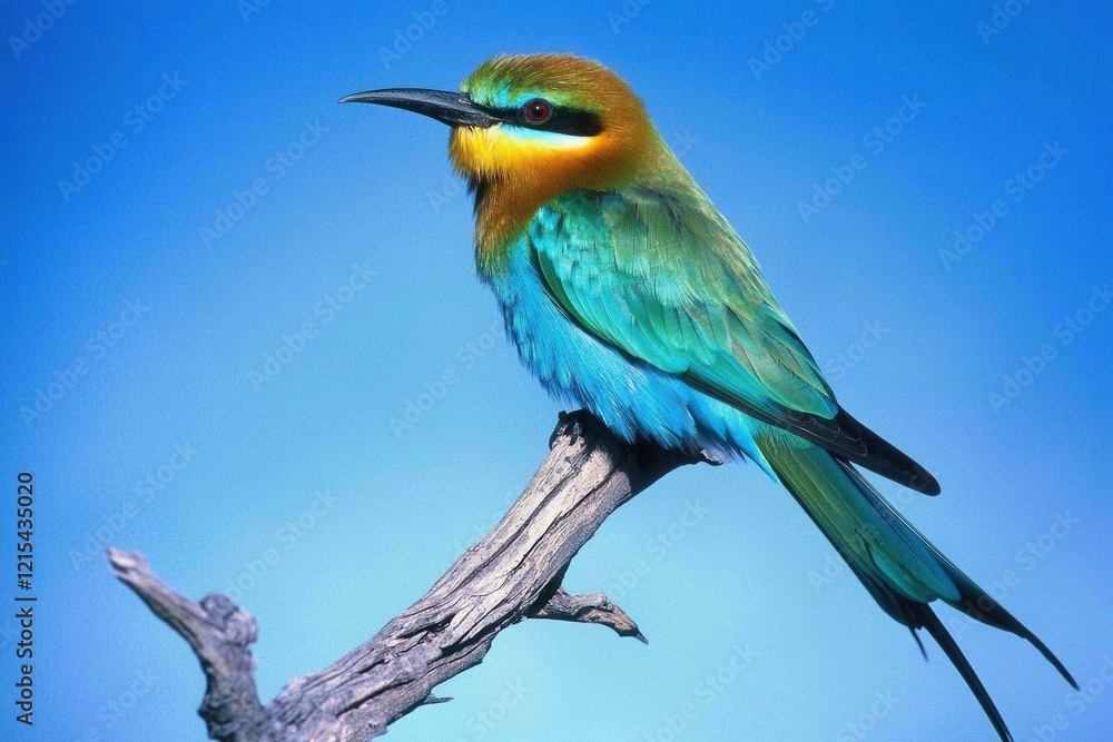 Fototapeta premium A rainbow bee-eater perched on a branch, its iridescent feathers catching the sunlight in Kakadu National Park