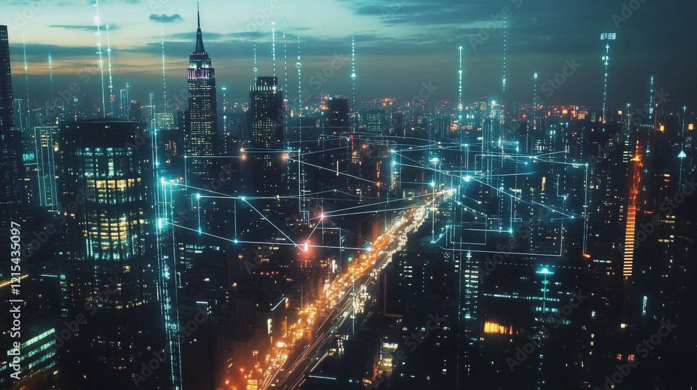 Obraz premium Smart digital Innovation city with connection network reciprocity over the twilight cityscape. of future smart wireless digital city and social media networking systems that connects people with city