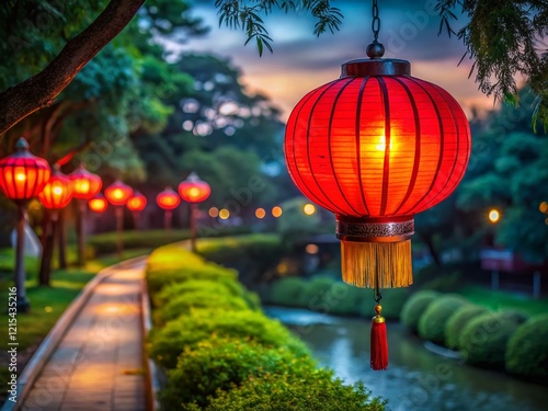 Red Lantern Glows at Dusk, Qifeng Park, Dongguan, China - Scenic Asian Night Photography photo