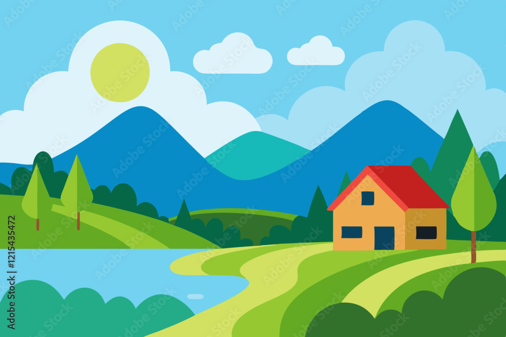 landscape with mountains and house landscape with mountains and house
