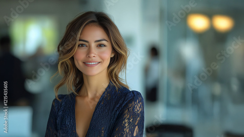 Wallpaper Mural Portret kobiety, atrakcyjna bizneswoman około trzydziestki stoi na korytarzu firmy, redakcji, korporacji. Tło jest rozmyte, dużo przestrzeni w której można umieścić napisy, grafika pod baner. Torontodigital.ca