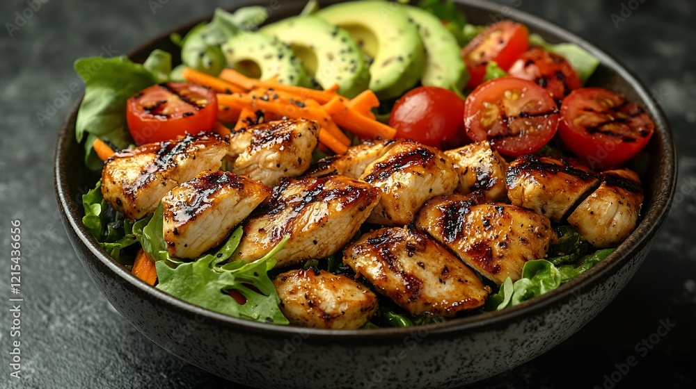 Grilled chicken salad with avocado, cherry tomatoes, and carrots. Grilled chicken salad with avocado, cherry tomatoes, and carrots.
