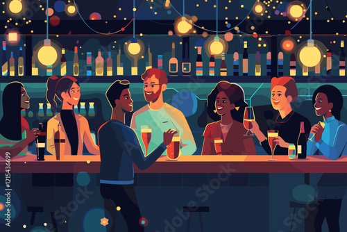 Diverse friends celebrating New Year's Eve together at vibrant bar