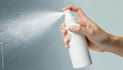 Spraying refreshing mist indoor setting beauty product soft lighting handheld viewpoint