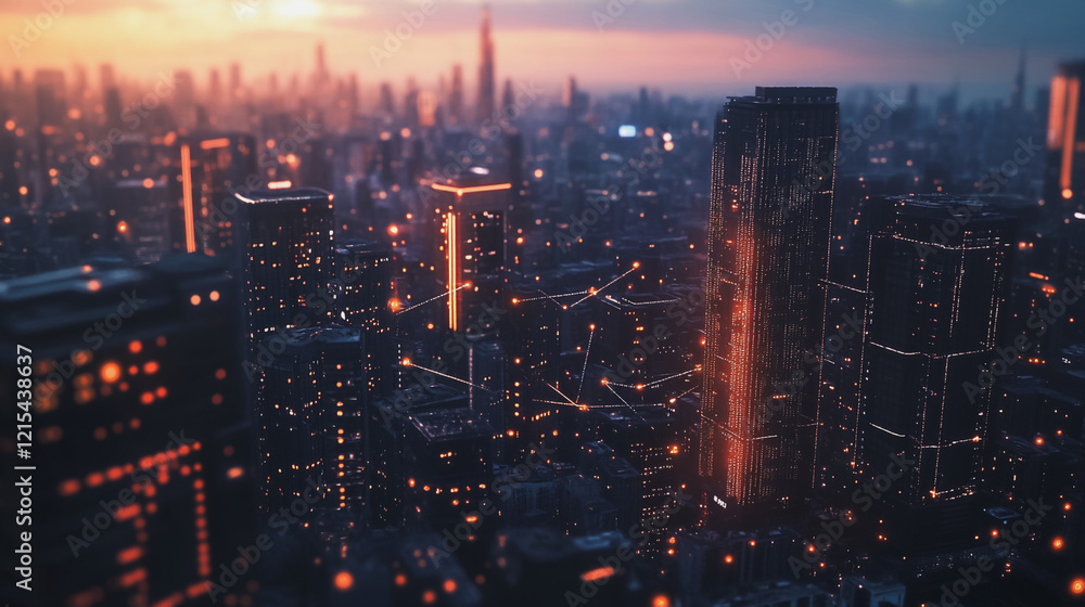 Obraz premium Smart digital Innovation city with connection network reciprocity over the twilight cityscape. of future smart wireless digital city and social media networking systems that connects people with city