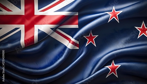Vibrant New Zealand flag waving with luxurious satin texture - Patriotic and cultural symbol