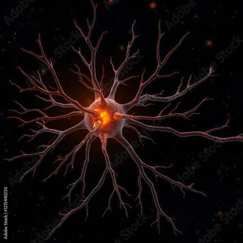 The image shows a stylized rendering of a neuron, its soma glowing a fiery orange, with numerous dendrites extending outward into a dark, space-like background speckled with glowing particles. photo