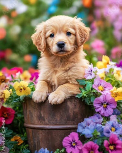Golden Retriever puppy in flower pot, garden background, spring