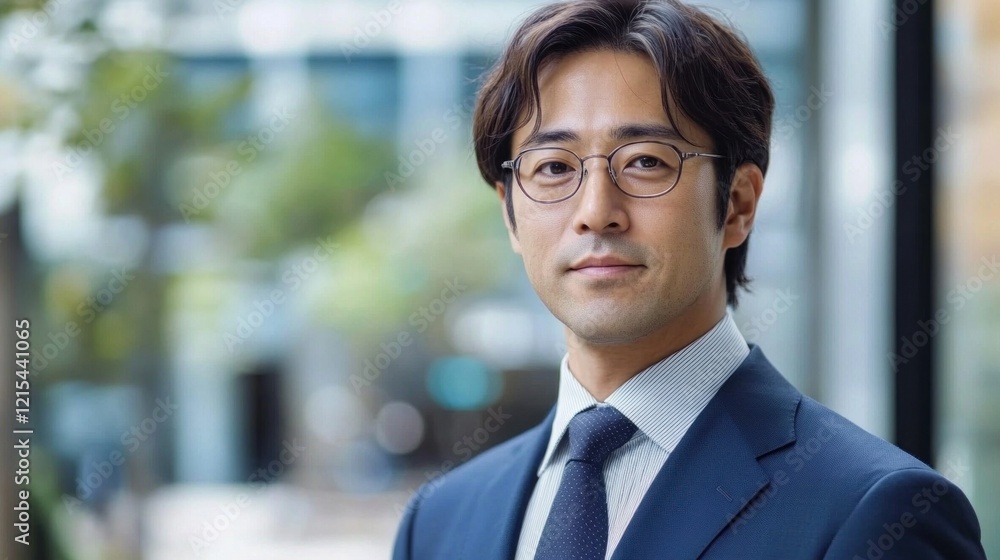 A confident professional man stands outside in an urban area, dressed in a formal suit and glasses. The background features greenery and modern architecture, creating a stylish atmosphere A confident professional man stands outside in an urban area, dressed in a formal suit and glasses. The background features greenery and modern architecture, creating a stylish atmosphere