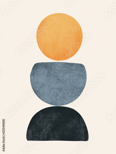 Abstract composition featuring geometric shapes with warm and cool colors on a light background