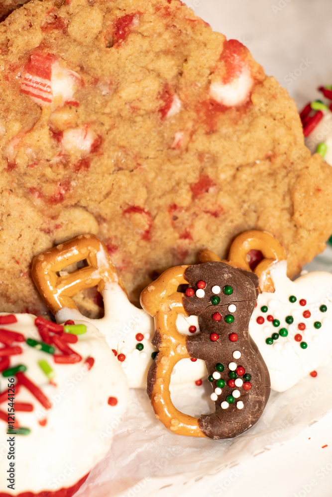 Fototapeta premium peppermint cookie with chocolate-dipped pretzels