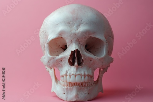 This artwork features a realistic human skull facing frontward, set against a soft pink background. It emphasizes intricate details, ideal for educational and artistic purposes photo