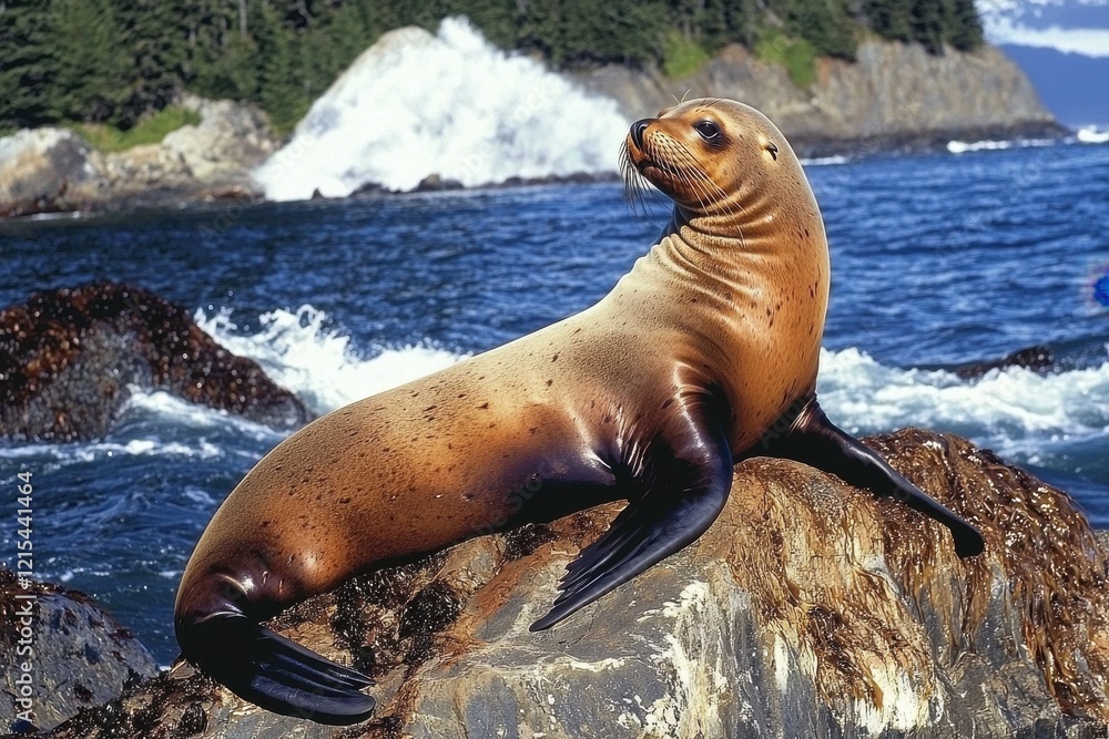 Fototapeta premium A sea lion lounging on sun-drenched rocks along a rugged coastline, with crashing waves in the background.