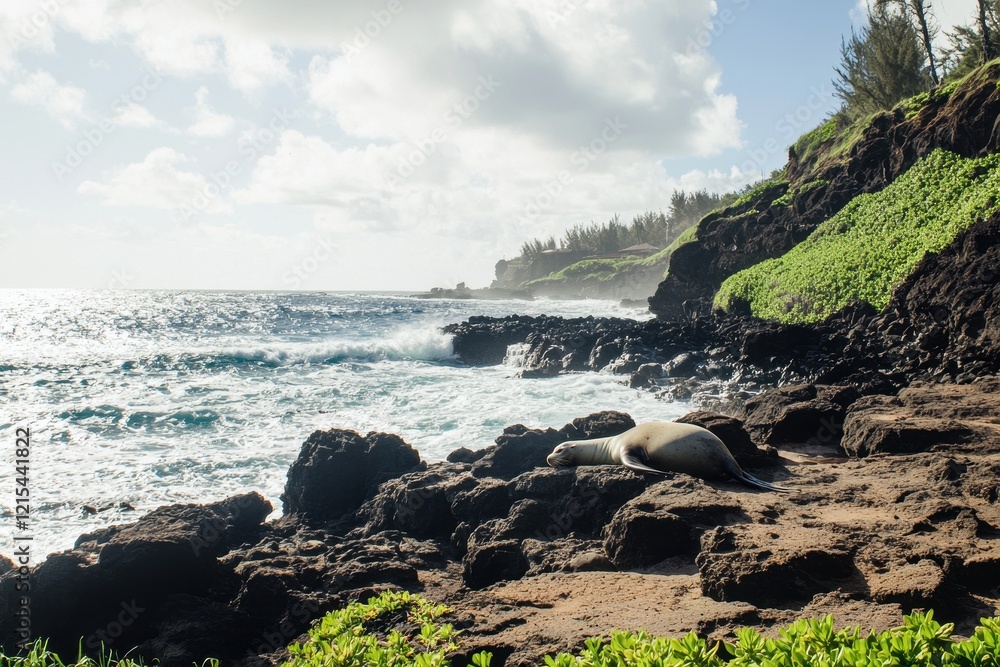 A sea lion lounging on sun-drenched rocks along a rugged coastline, with crashing waves in the background. A sea lion lounging on sun-drenched rocks along a rugged coastline, with crashing waves in the background.