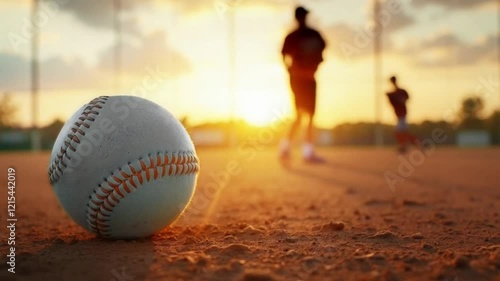 Softball on dirt field with sunset in baseball training players game match background