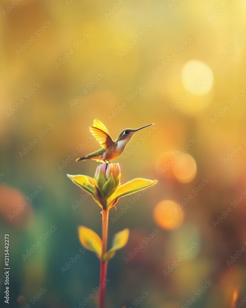 Naklejka premium Hummingbird perched, sunset garden, bokeh background, nature poster
