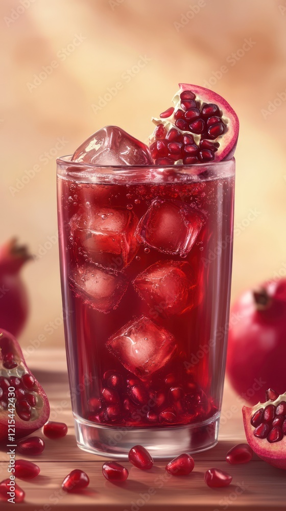Iced Pomegranate Drink, Summer, Wooden Table, Sunlight Iced Pomegranate Drink, Summer, Wooden Table, Sunlight
