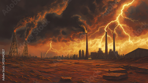 The skyline is dominated by a parched and blazing earth, hemmed in by industrial chimneys spewing pollution, as lightning cracks.. Blazing Horizon. Illustration photo