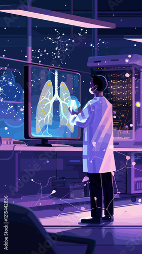 Doctor using robotics to diagnose and research virtual human lungs affected by Covid-19, showcasing medical innovation in a laboratory setting.