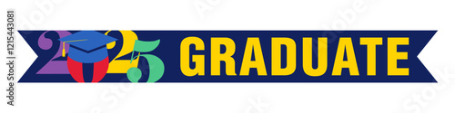 Graduate 2025 celebrating blue ribbon with colourful graphic elements and isolated clipping mask. Horizontal banner. Web button concept. Cute creative numbers 20 25 with mortarboard and text design.