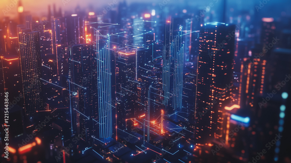 Smart digital Innovation city with connection network reciprocity over the twilight cityscape. of future smart wireless digital city and social media networking systems that connects people with city Smart digital Innovation city with connection network reciprocity over the twilight cityscape. of future smart wireless digital city and social media networking systems that connects people with city