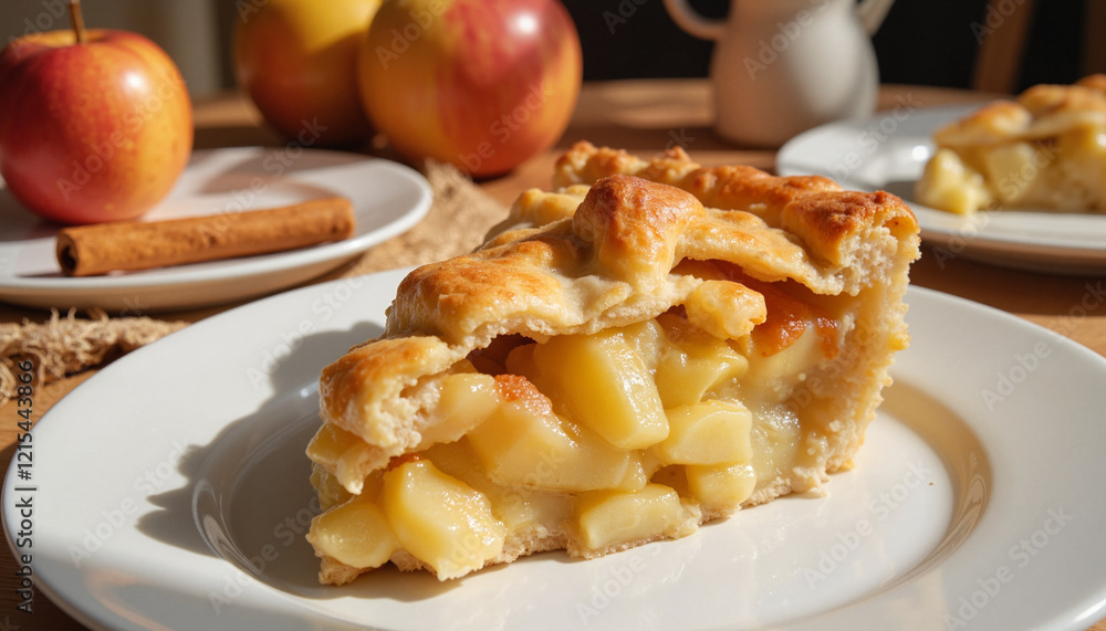 Slice of apple pie with cinnamon and apples on wooden table Slice of apple pie with cinnamon and apples on wooden table
