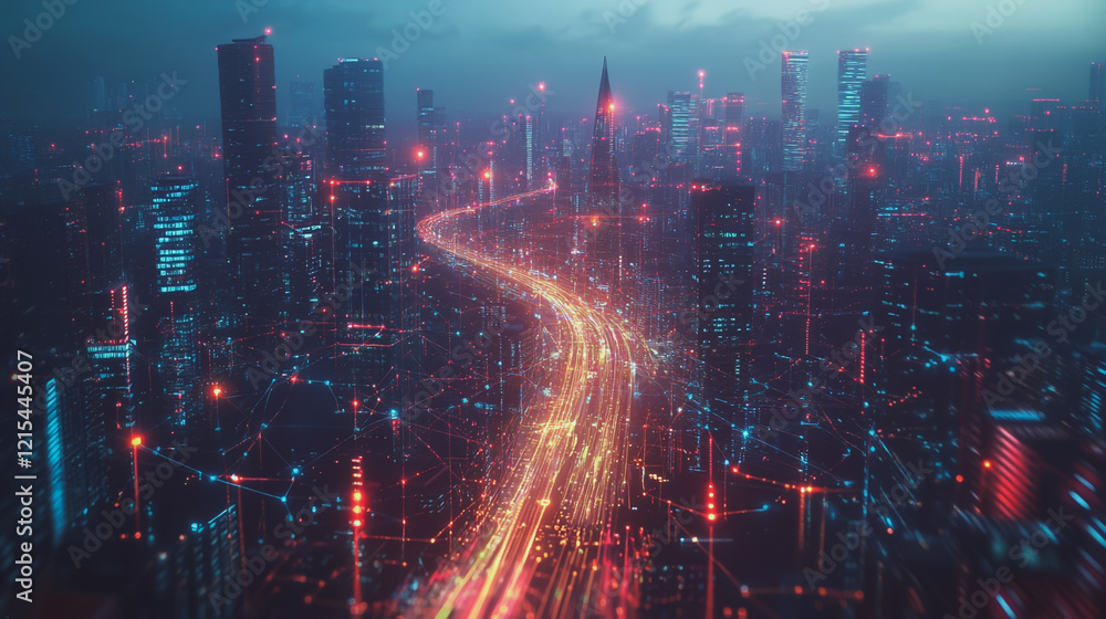 Fototapeta premium Smart digital Innovation city with connection network reciprocity over the twilight cityscape. of future smart wireless digital city and social media networking systems that connects people with city