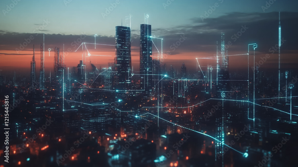 Obraz premium Smart digital Innovation city with connection network reciprocity over the twilight cityscape. of future smart wireless digital city and social media networking systems that connects people with city