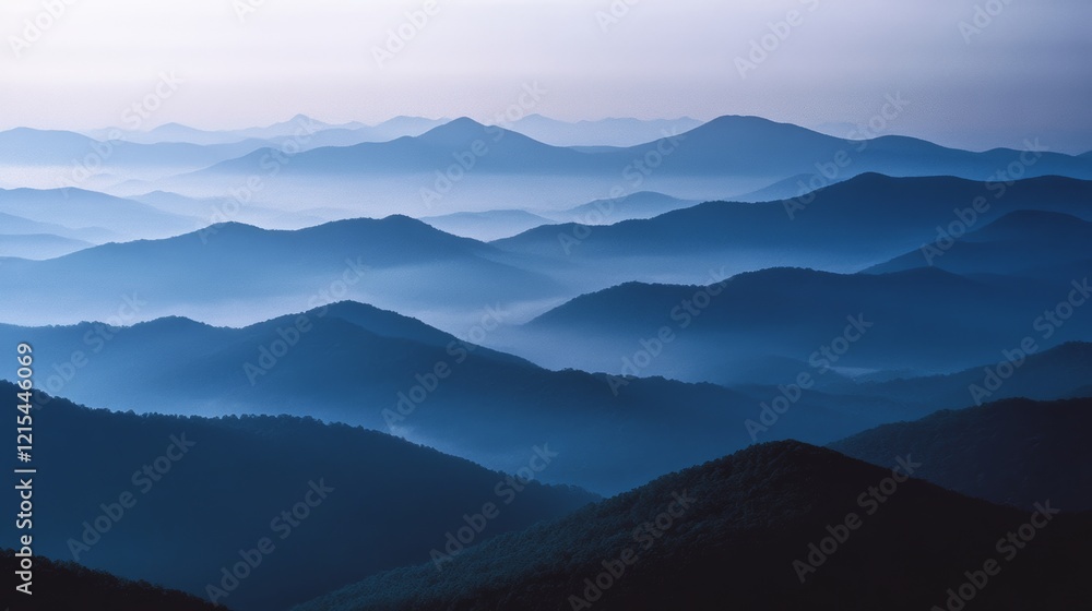 Fototapeta premium Layers of mist-covered blue mountains stretching into the horizon, creating a serene and endless landscape of tranquility.