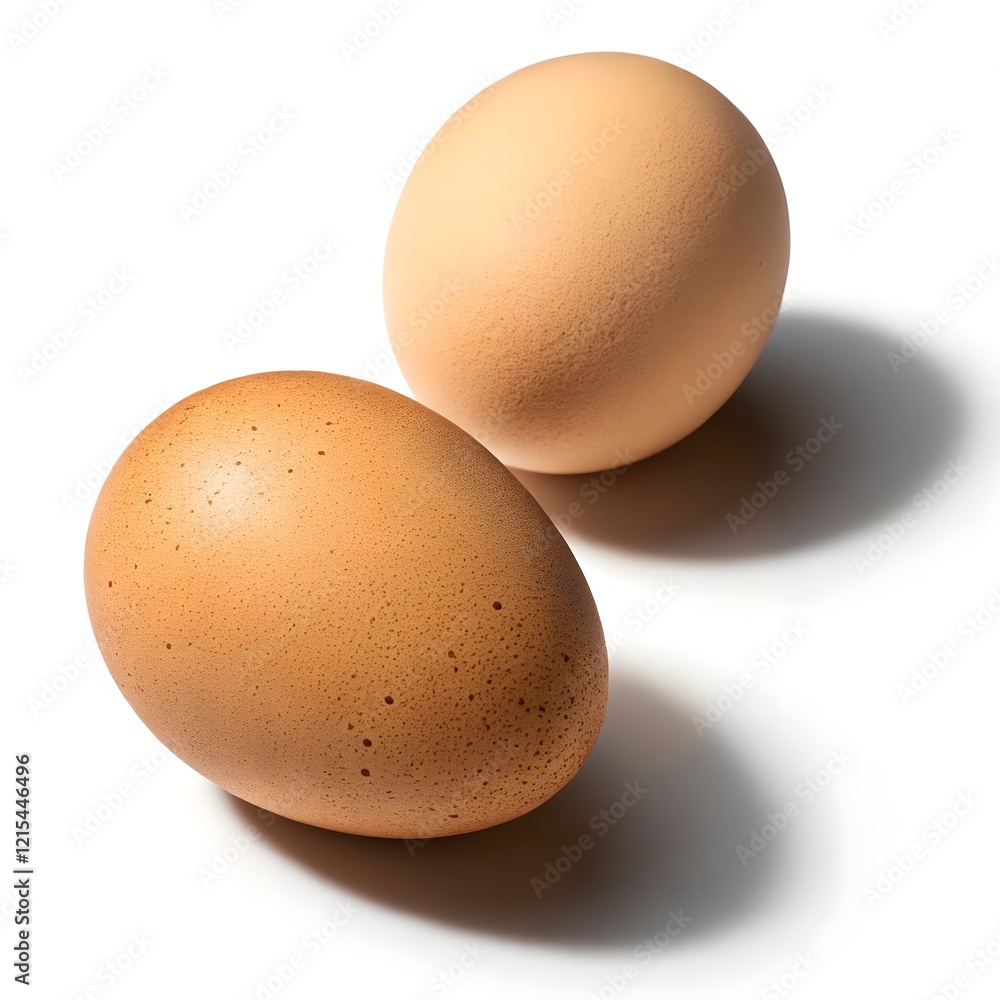 Two brown eggs are positioned slightly off-center in the image, against a plain white background. The eggs are a light to medium brown color, and their surfaces exhibit a slightly rough texture. Two brown eggs are positioned slightly off-center in the image, against a plain white background. The eggs are a light to medium brown color, and their surfaces exhibit a slightly rough texture.