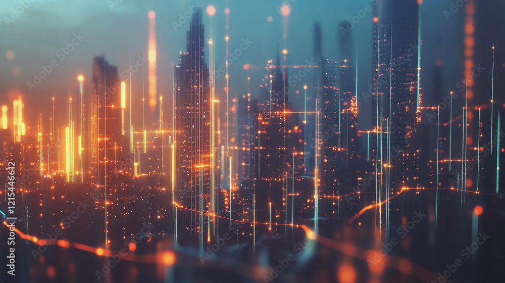 Smart digital Innovation city with connection network reciprocity over the twilight cityscape. of future smart wireless digital city and social media networking systems that connects people with city Smart digital Innovation city with connection network reciprocity over the twilight cityscape. of future smart wireless digital city and social media networking systems that connects people with city