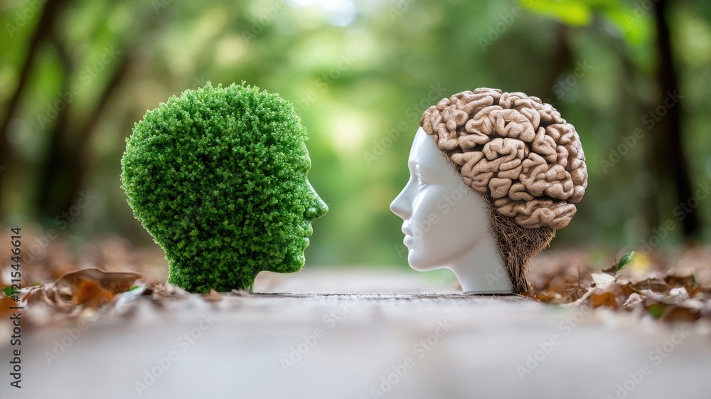 Green leafy human head facing brain model, symbolizing nature versus intelligence on blurred forest path background Green leafy human head facing brain model, symbolizing nature versus intelligence on blurred forest path background
