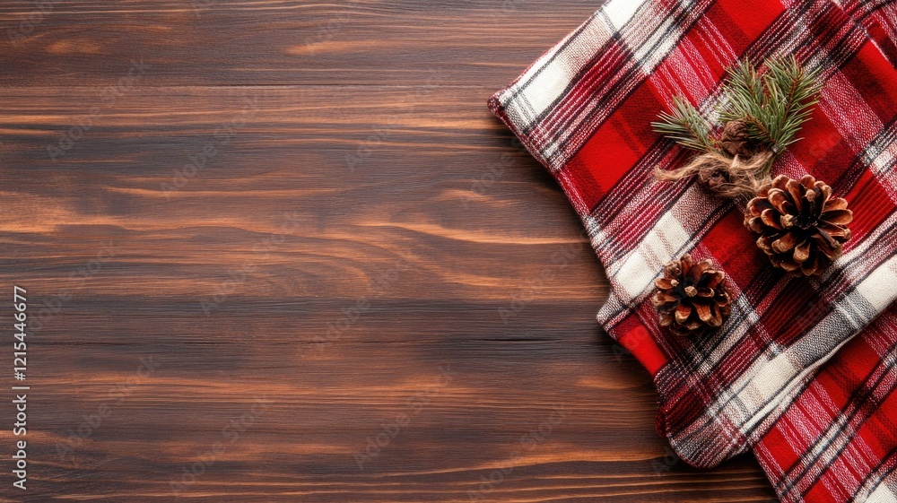 Obraz premium Rustic wooden table with cozy red blanket and pinecones for festive holiday atmosphere
