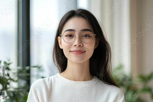Smiling woman with glasses in bright indoor setting, surrounded Free Download Smiling woman with glasses in bright indoor setting, surrounded - GFXLoad