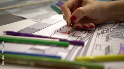 A creative woman sketching and designing in a well-lit workspace with colorful markers and papers.Ideal for concepts of creativity, design, art, focus, ideas to life. photo