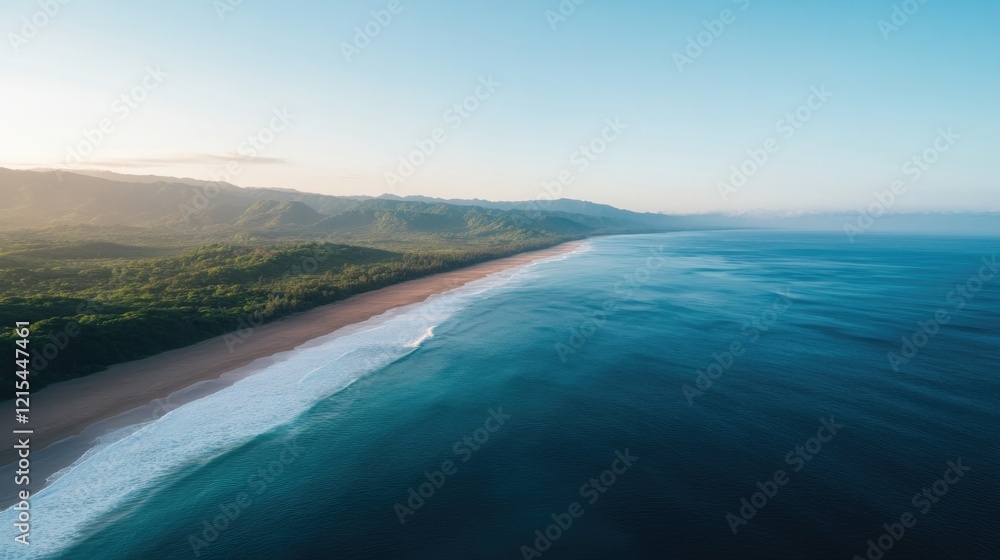 Serene coastline with gentle waves, lush greenery, and vibrant s Serene coastline with gentle waves, lush greenery, and vibrant s