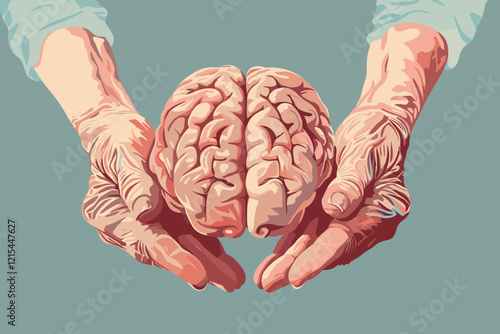 Elderly Woman's Hands Holding Brain, Symbolizing Alzheimer's Disease and Memory Loss