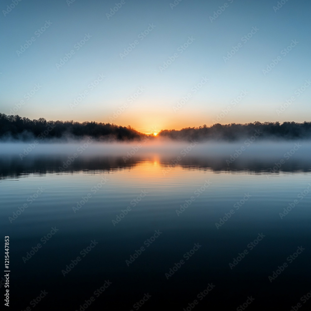 Fototapeta premium Misty sunrise over calm lake waters in early morning