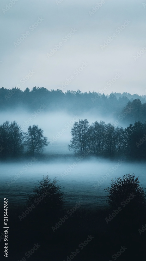 Mysterious fog envelops a serene landscape with silhouettes of trees against a dark backdrop Mysterious fog envelops a serene landscape with silhouettes of trees against a dark backdrop