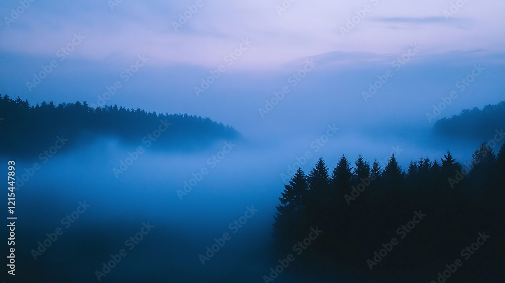 Fototapeta premium Majestic fog envelops a serene forest landscape at twilight, creating an ethereal atmosphere