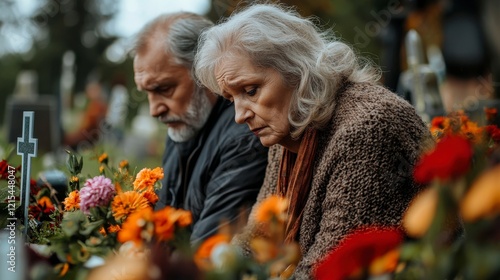 An elderly couple reflects deeply at a grave, surrounded by vibrant flowers, capturing a moment of love, remembrance, and the bittersweet essence of loss in life's journey. photo