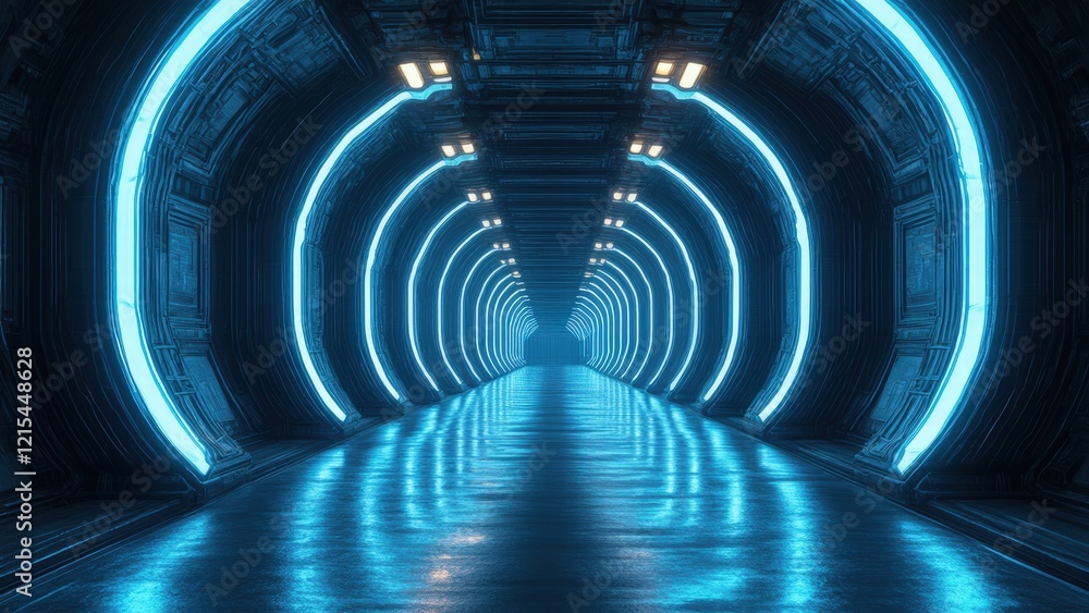 Futuristic arched hallway with sleek, reflective surfaces and soft cyan lighting, showcasing symmetry and depth, emphasizing a high-tech and sterile design. Futuristic arched hallway with sleek, reflective surfaces and soft cyan lighting, showcasing symmetry and depth, emphasizing a high-tech and sterile design.