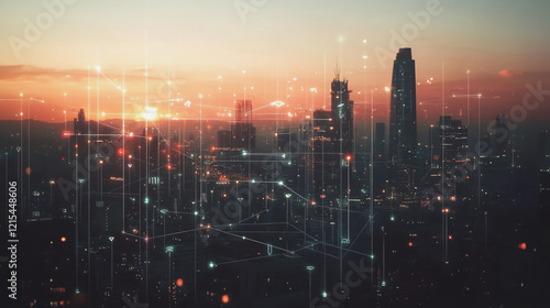 Wallpaper Mural Smart digital Innovation city with connection network reciprocity over the twilight cityscape. of future smart wireless digital city and social media networking systems that connects people with city Torontodigital.ca