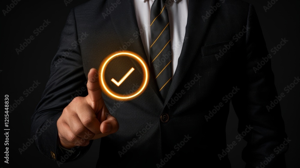 Man s finger touching holographic check mark for digital documents and files with copy space Man s finger touching holographic check mark for digital documents and files with copy space